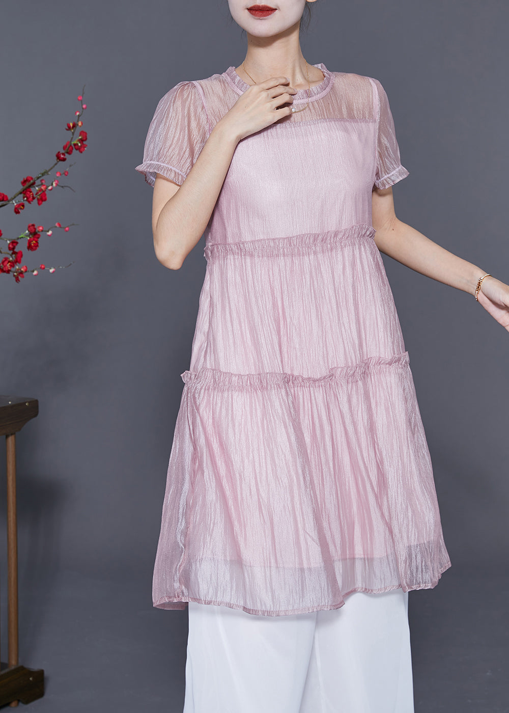 Pink Ruffled Patchwork Silk a Line Dress Summer