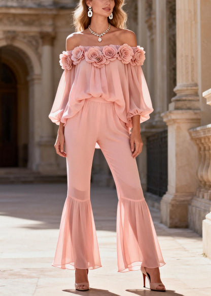 Pink Slash Neck Chiffon Top and Flared Trousers Two Pieces Set Lantern Sleeve