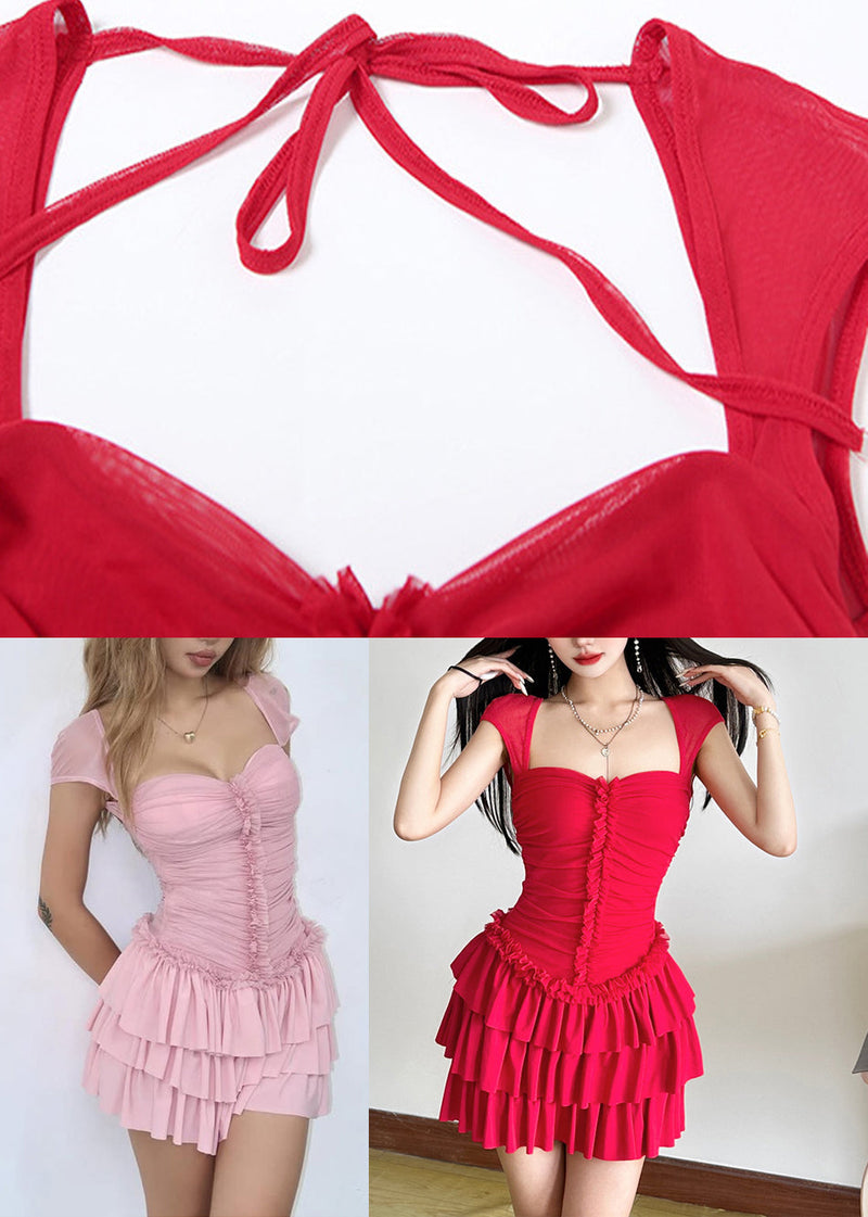 Pink Square Collar Backless Mid Dresses Summer