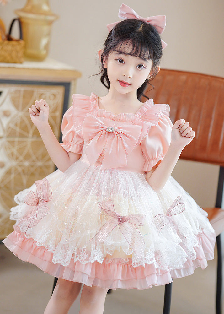 Pink Square Collar Patchwork Bow Kids Mid Dresses Short Sleeve