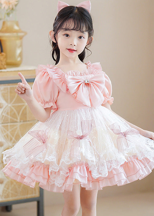 Pink Square Collar Patchwork Bow Kids Mid Dresses Short Sleeve