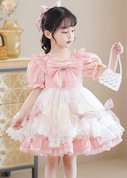 Pink Square Collar Patchwork Bow Kids Mid Dresses Short Sleeve