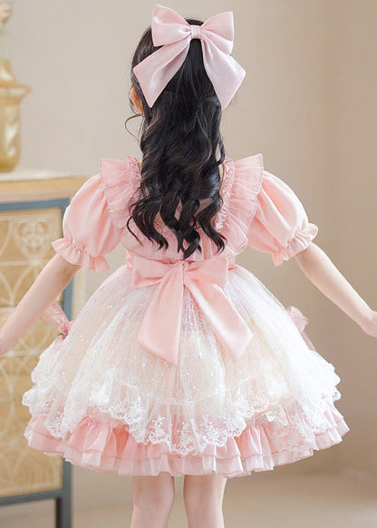 Pink Square Collar Patchwork Bow Kids Mid Dresses Short Sleeve