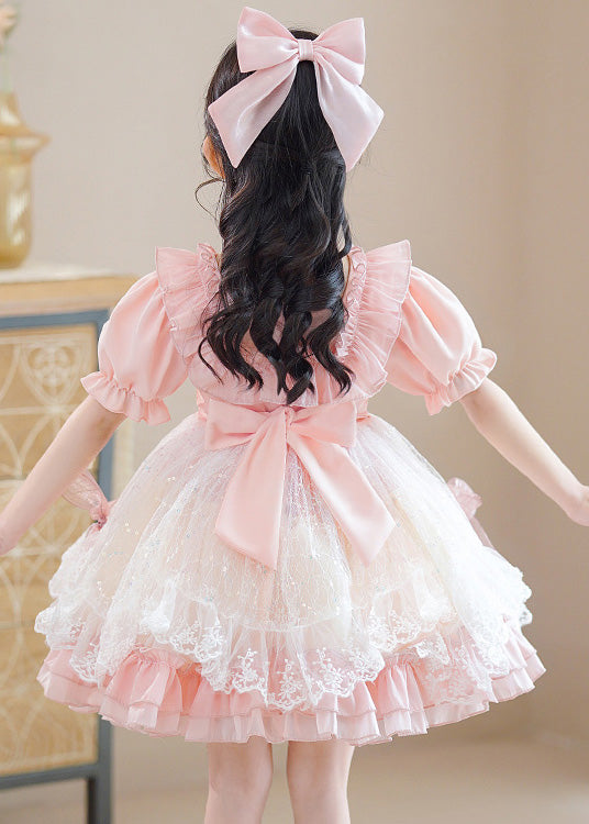 Pink Square Collar Patchwork Bow Kids Mid Dresses Short Sleeve