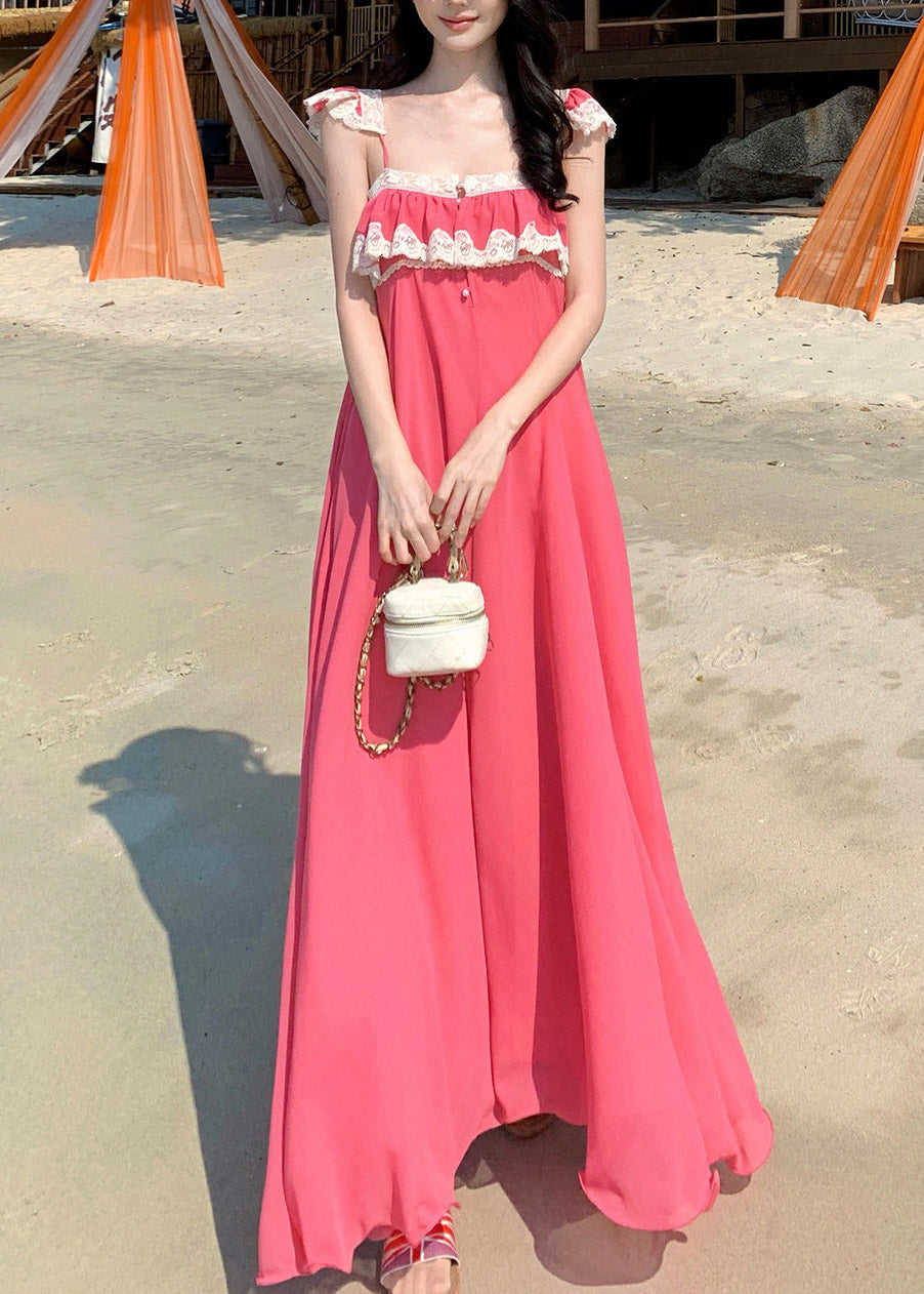 Pink Square Collar Ruffled Maxi Dresses Short Sleeve