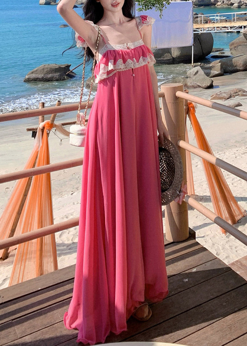 Pink Square Collar Ruffled Maxi Dresses Short Sleeve