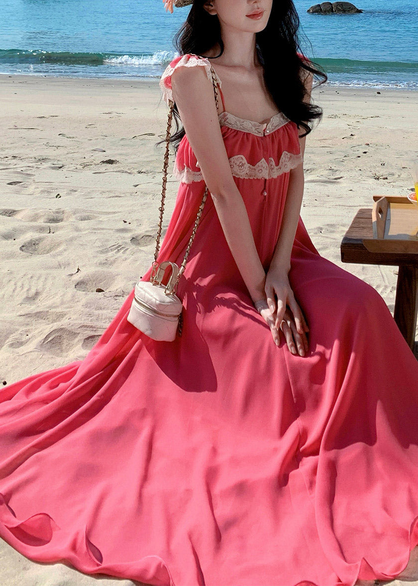 Pink Square Collar Ruffled Maxi Dresses Short Sleeve