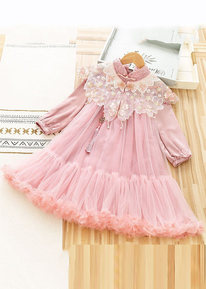 Pink Stand Collar Sequins Patchwork Tulle Shawl and Dress Two Pieces Set Long Sleeve