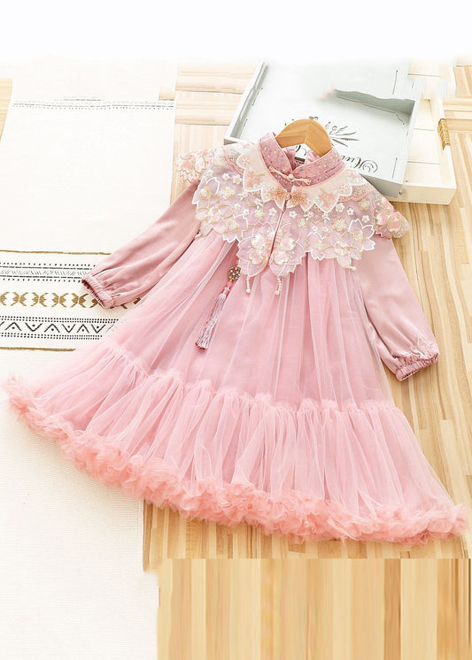 Pink Stand Collar Sequins Patchwork Tulle Shawl and Dress Two Pieces Set Long Sleeve