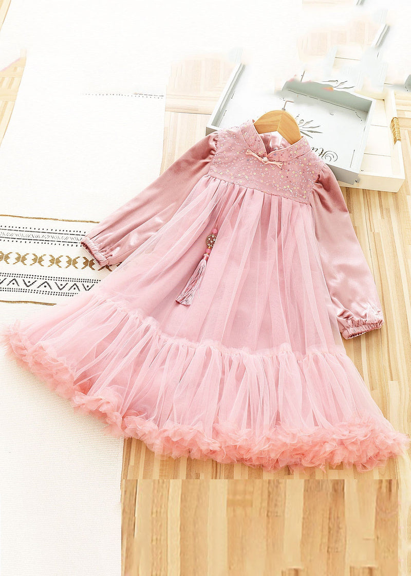 Pink Stand Collar Sequins Patchwork Tulle Shawl and Dress Two Pieces Set Long Sleeve