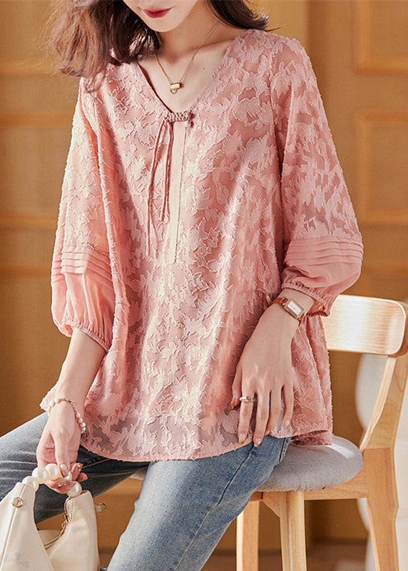 Pink V Neck Chiffon Tops Bracelet Sleeve