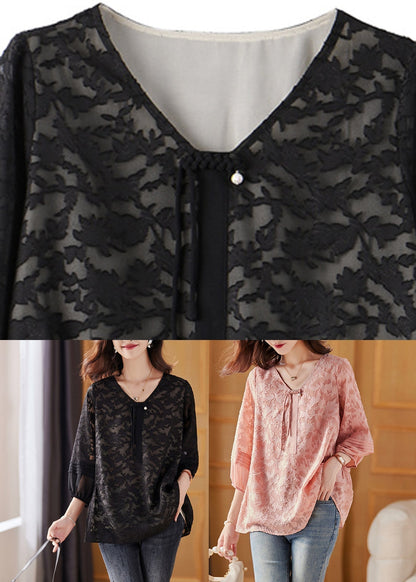 Pink V Neck Chiffon Tops Bracelet Sleeve