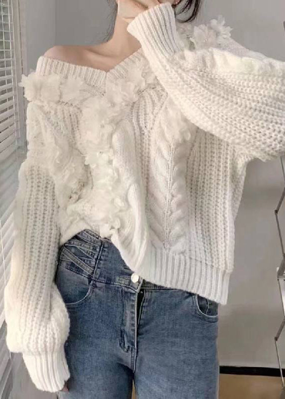 Pink V Neck Cotton Knit Sweater Long Sleeve