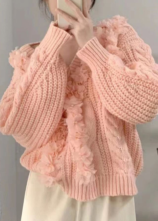 Pink V Neck Cotton Knit Sweater Long Sleeve