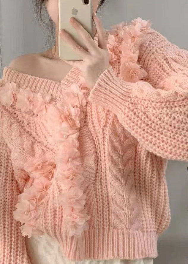 Pink V Neck Cotton Knit Sweater Long Sleeve