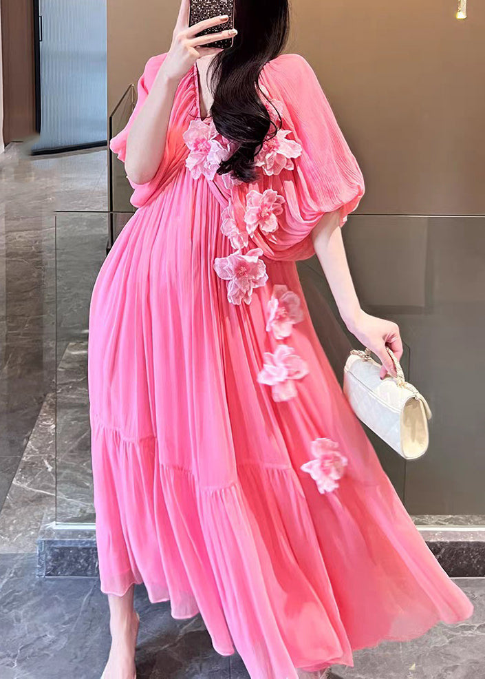 Pink V Neck Silk Vacation Long Dresses Short Sleeve
