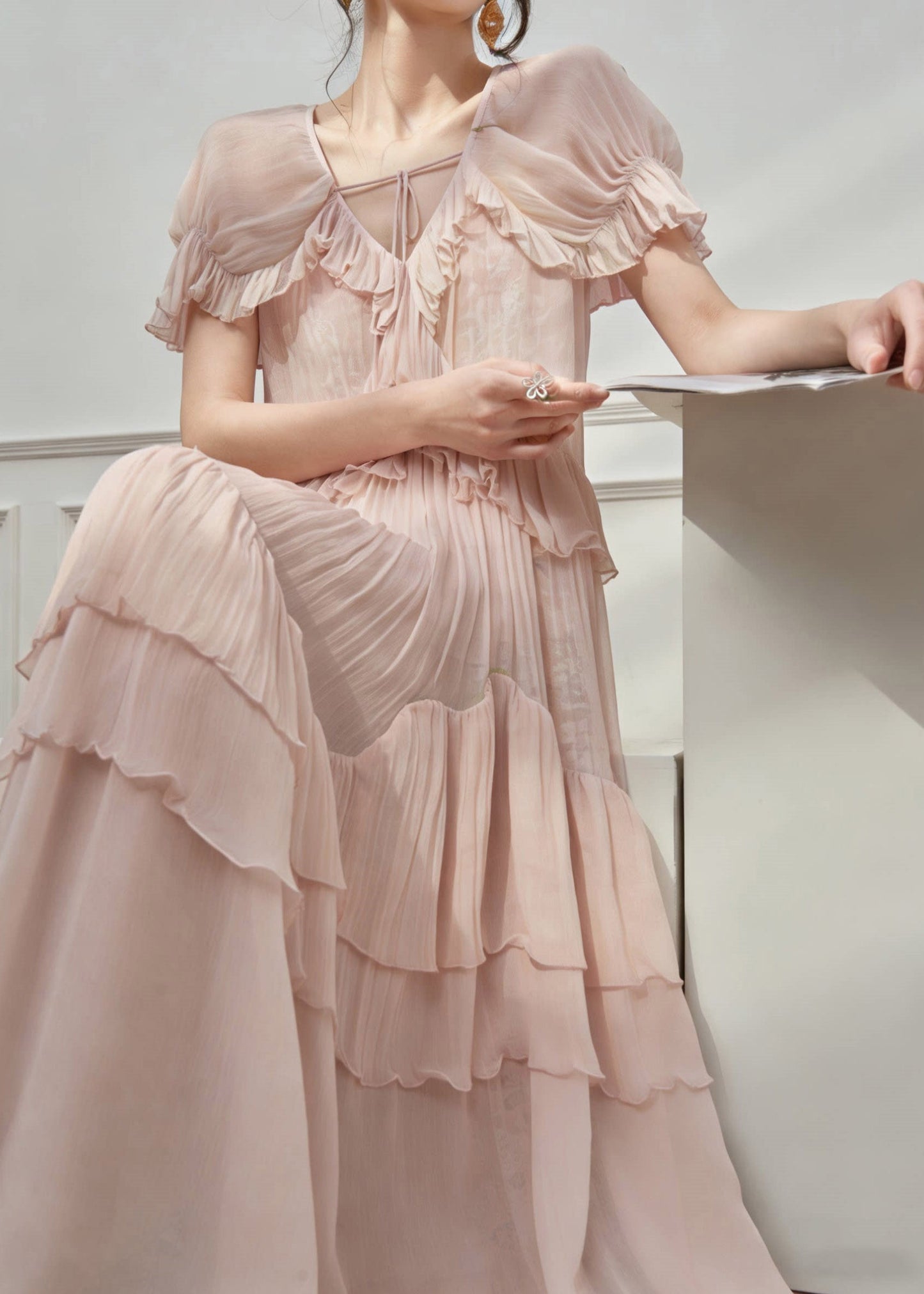 Pink V Neck Ruffled Patchwork Long Dress Short Sleeve