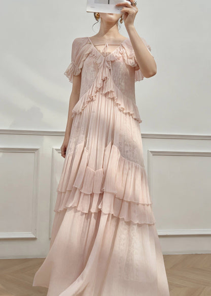 Pink V Neck Ruffled Patchwork Long Dress Short Sleeve