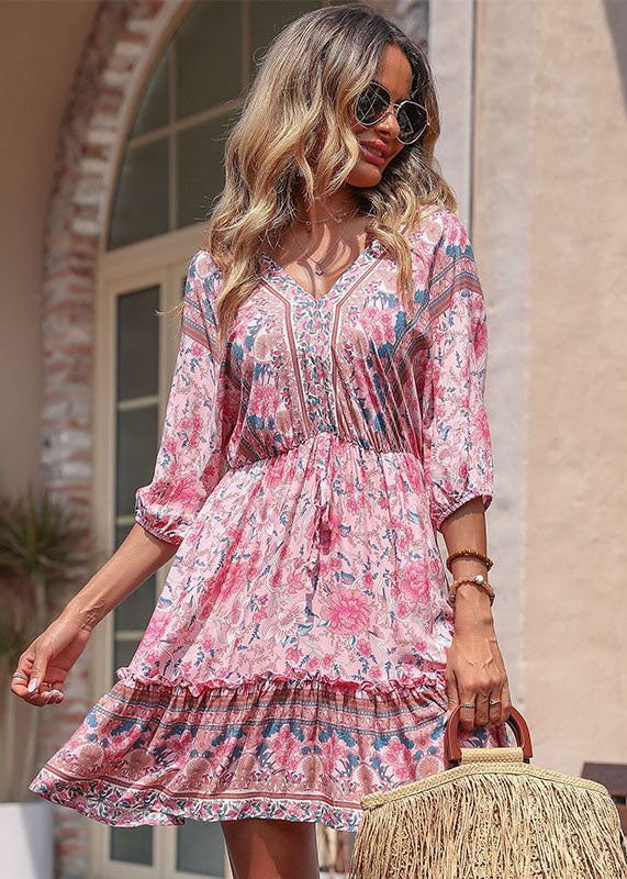Pink V Neck Ruffled Patchwork Print Cotton Cinch Mid Dresses Half Sleeve