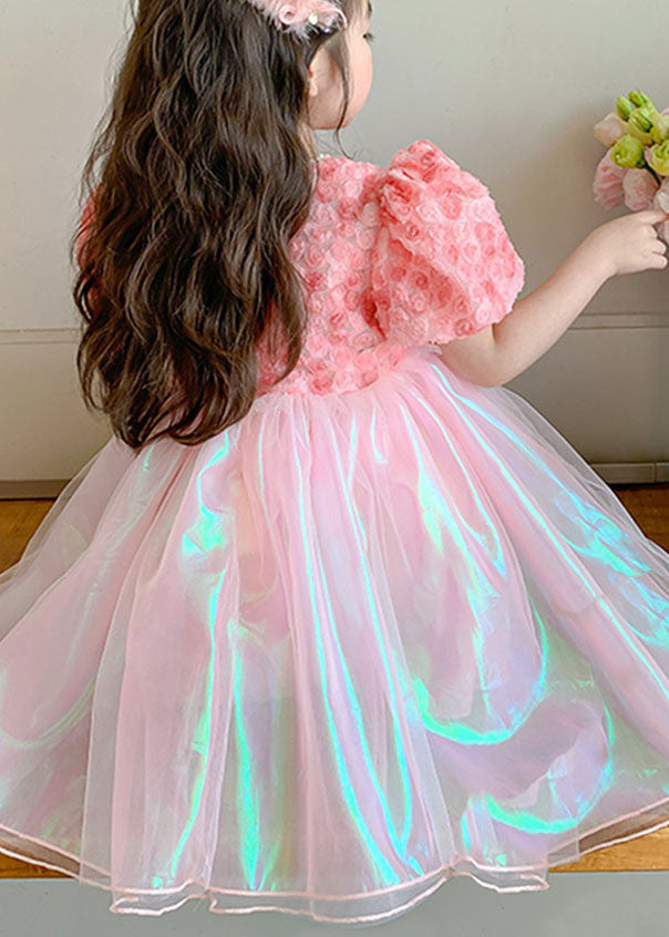 Pink Wrinkled Nail Bead Patchwork Tulle Baby Dress Short Sleeve