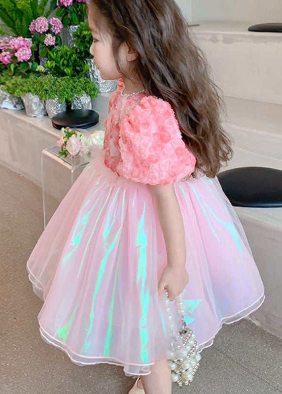 Pink Wrinkled Nail Bead Patchwork Tulle Baby Dress Short Sleeve