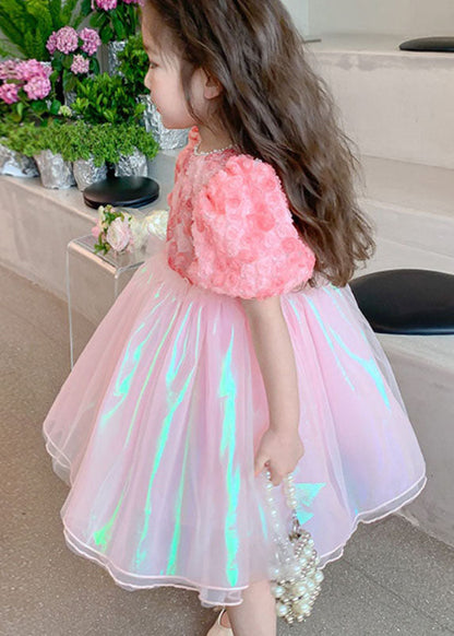 Pink Wrinkled Nail Bead Patchwork Tulle Baby Dress Short Sleeve