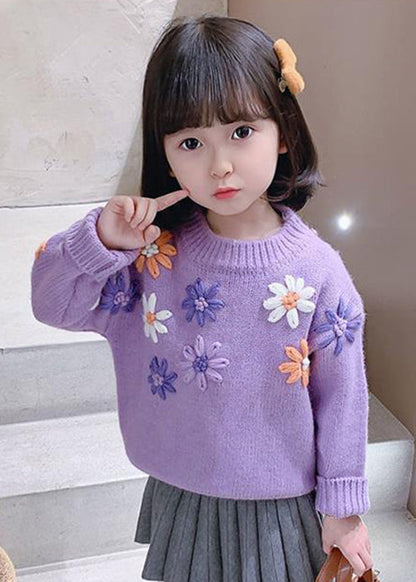 Purple O Neck Thick Knit Kids Knit Pullover Winter