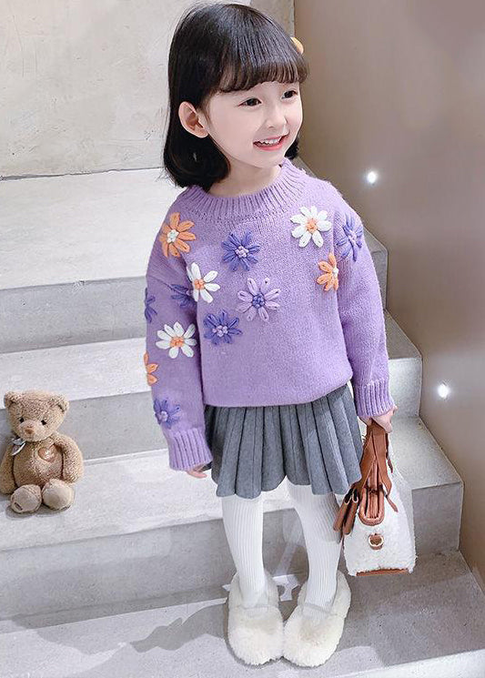 Purple O Neck Thick Knit Kids Knit Pullover Winter