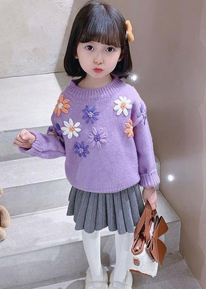 Purple O Neck Thick Knit Kids Knit Pullover Winter