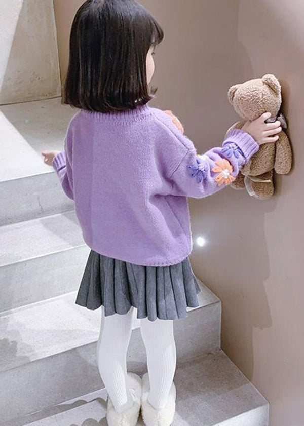 Purple O Neck Thick Knit Kids Knit Pullover Winter