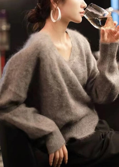 Purple V Neck Cozy Knit Sweater Long Sleeve