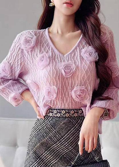Purple V Neck Knit Sweater Lantern Sleeve