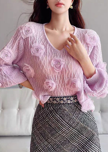 Purple V Neck Knit Sweater Lantern Sleeve