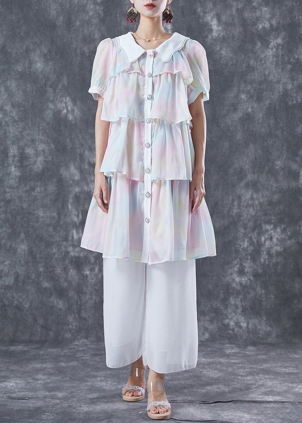 Rainbow Peter Pan Collar Layered Ruffles Chiffon Dresses Summer