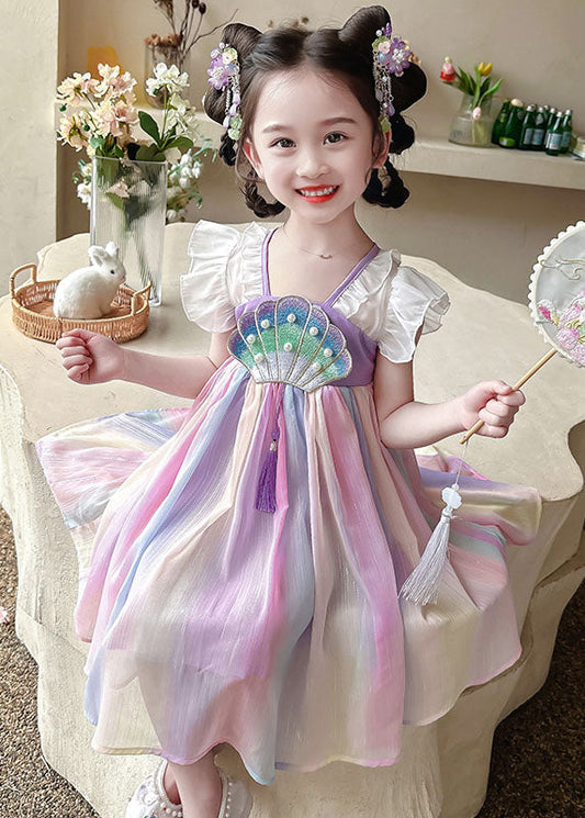 Rainbow Ruffled Nail Bead Patchwork Chiffon Baby Dress Summer