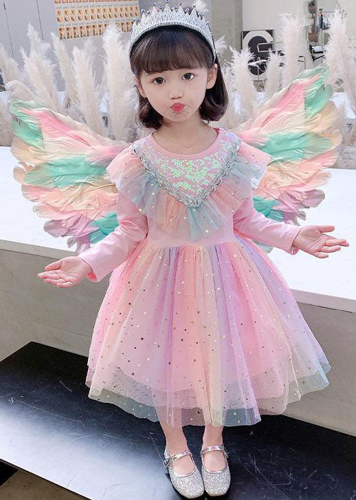 Rainbow Ruffled Sequins Patchwork Tulle Baby Party Dress Long Sleeve