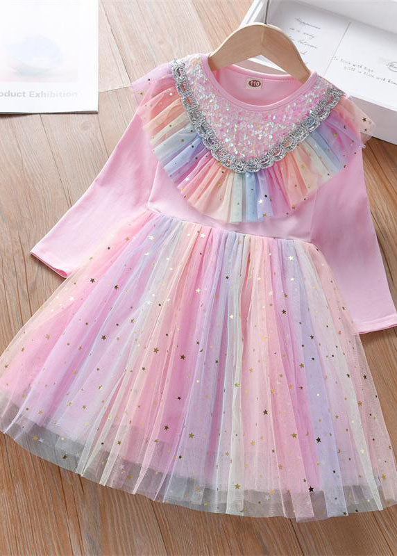 Rainbow Ruffled Sequins Patchwork Tulle Baby Party Dress Long Sleeve