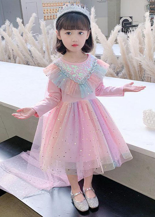 Rainbow Ruffled Sequins Patchwork Tulle Baby Party Dress Long Sleeve
