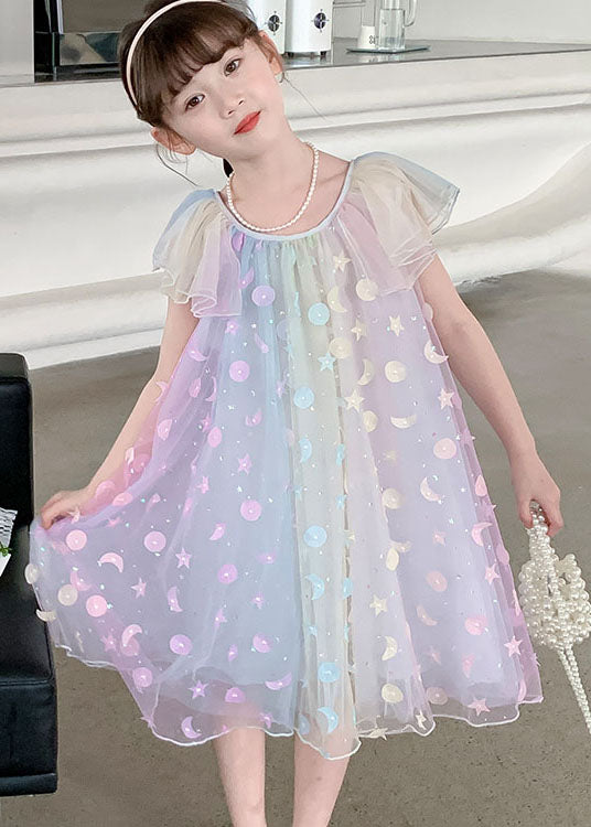 Rainbow Sequins Wrinkled Patchwork Tulle Kids Princess Dress Summer