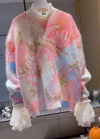 Red O-neck Print Lace Patchwork Cotton Knit Sweaters Fall