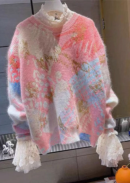 Red O-neck Print Lace Patchwork Cotton Knit Sweaters Fall