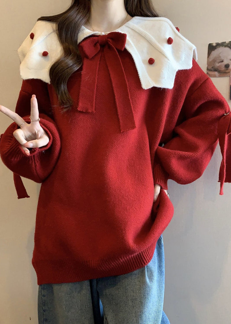 Red Oversized Patchwork Bow Knit Sweater Fall