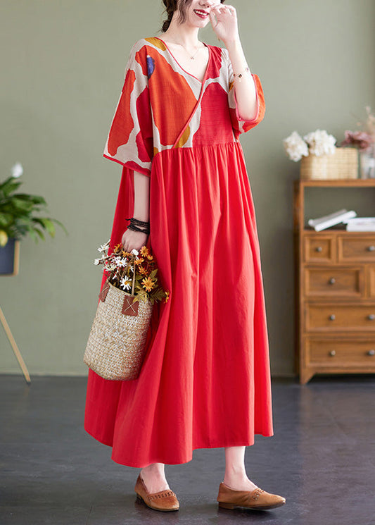 Red Patchwork Print Maxi Dresses Summer