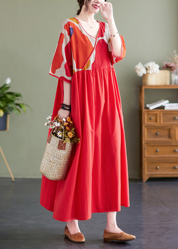 Red Patchwork Print Maxi Dresses Summer