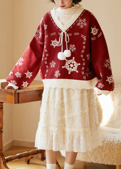 Red V Neck Thick Embroidered Knit Knitted Tops Fall