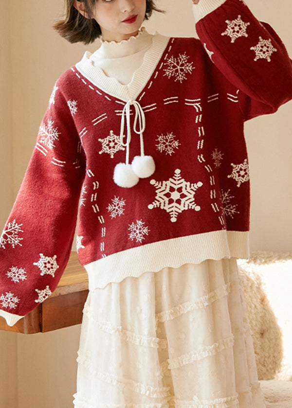 Red V Neck Thick Embroidered Knit Knitted Tops Fall