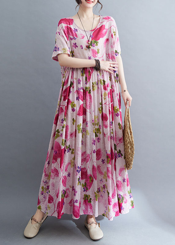 Rose O-neck Print Wrinkled Maxi Dresses Short Sleeve