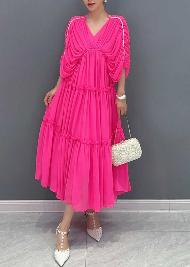 Rose Ruffled Wrinkled Chiffon Long Dresses Half Sleeve