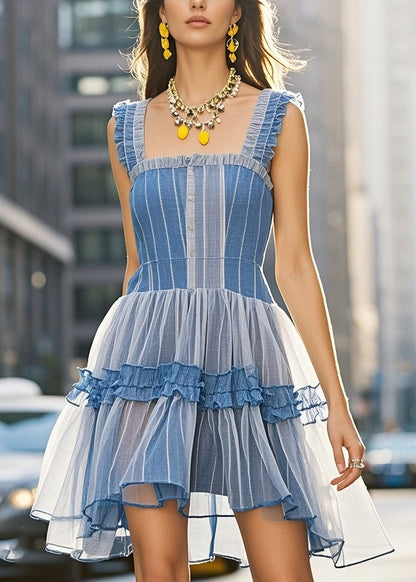 Ruffled Tulle Patchwork Denim Dress Sleeveless