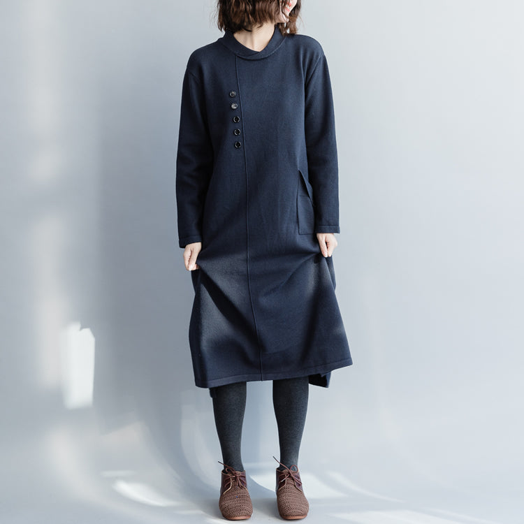 Sweater Knit Dress Pattern O Neck Pockets Navy Diy Knitwear